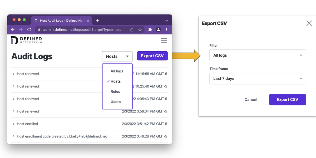 A snapshot of Defined Networking admin panel demonstrating export of filtered audit logs.