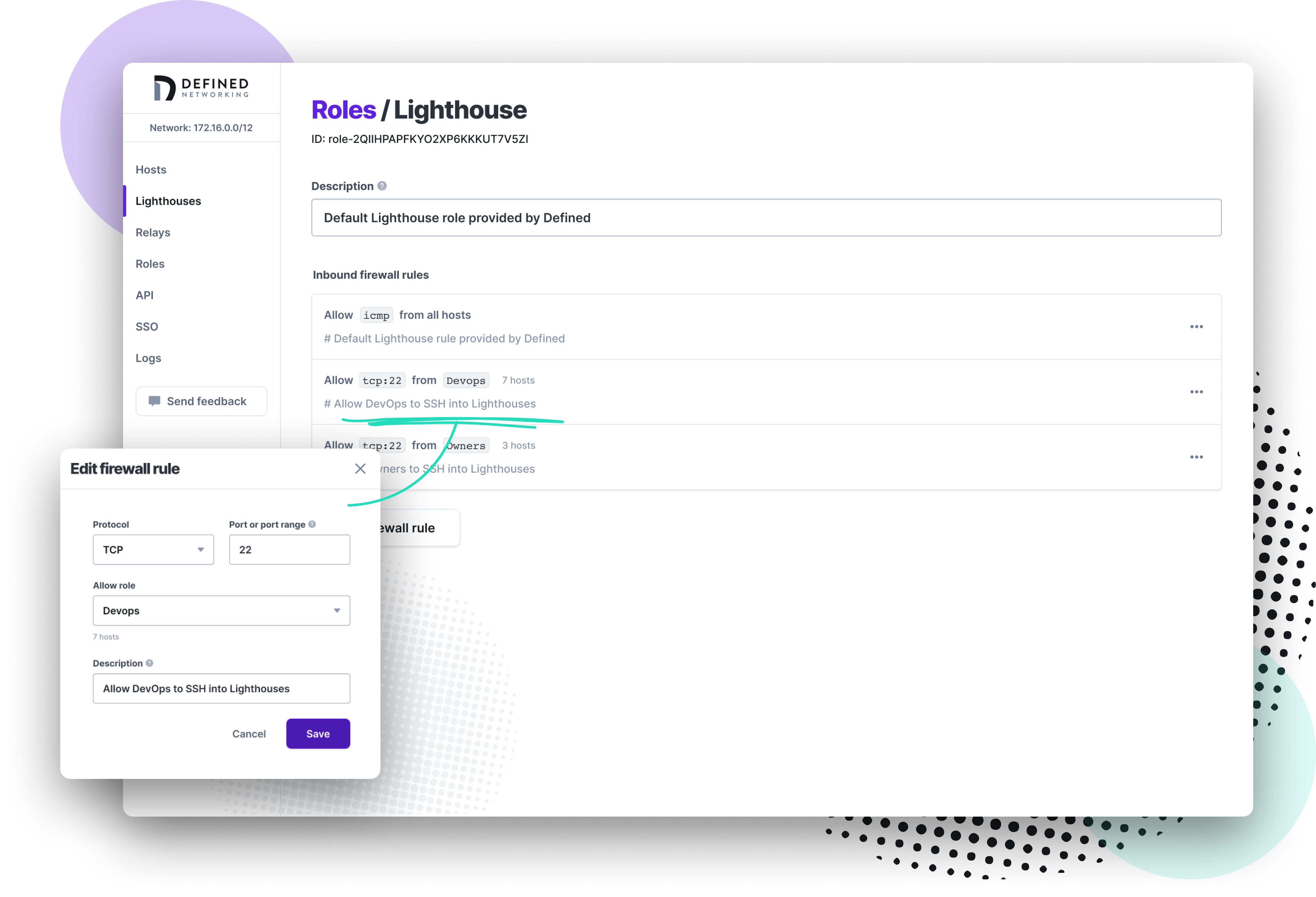 Screenshot of Defined Networking admin panel showing a role being edited, with a firewall rule modal hovering above and some playful squiggles connecting it to the page underneath