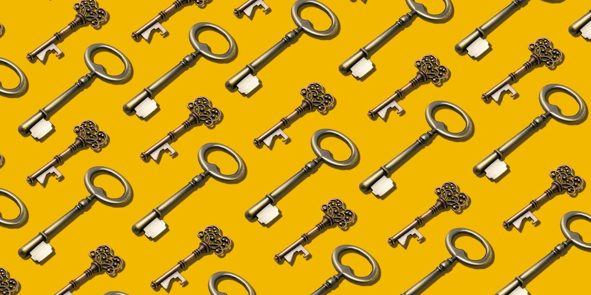 Graphic of repeating old-fashioned keys laid out diagonally against a bright yellow background